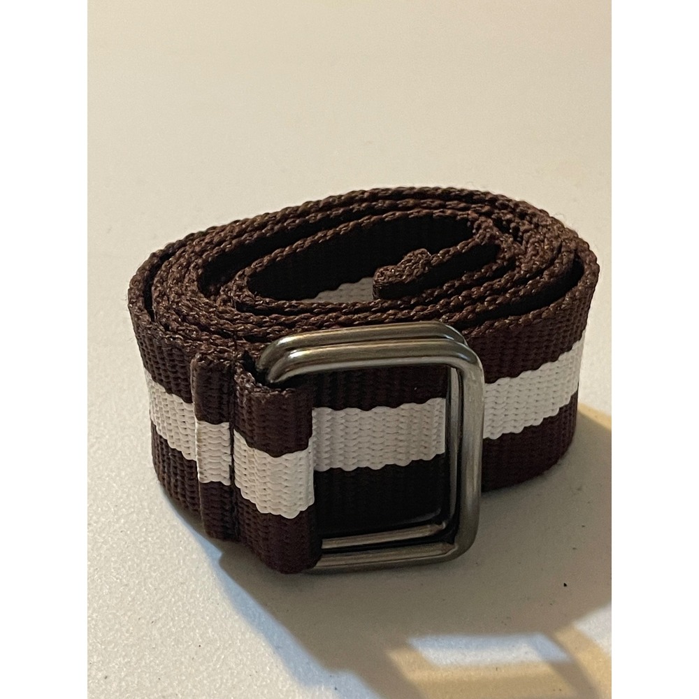 Canvas Web Belt Men's OS Brown White Excellent D-Ring Striped Casual‎ 48"